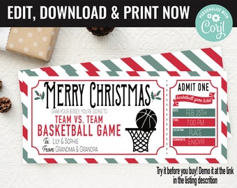 Christmas Basketball Ticket Surprise Gift Voucher, Basketball Game Surprise Printable Gift Card Editable Instant Download Certificate