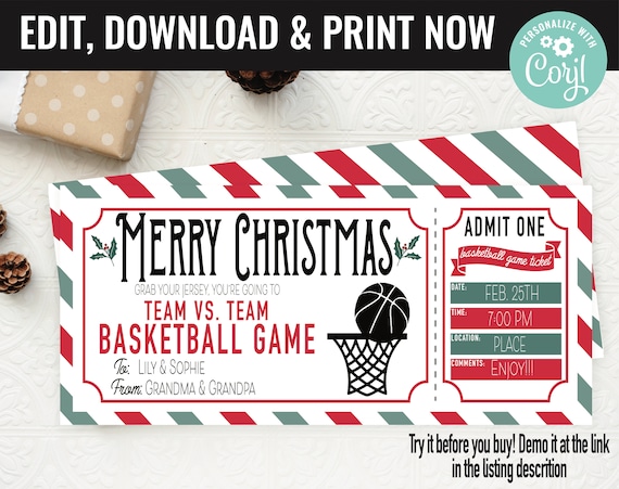 Christmas Basketball Ticket Surprise Gift Voucher, Basketball Game Surprise Printable Gift Card Editable Instant Download Certificate Il_570xn