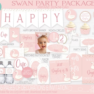 May include: A pink and gold swan-themed first birthday party printable package with over 55 pages of decorations and invitations. The package includes a happy birthday banner, high chair banner, cupcake wrappers and toppers, food labels, party signs, favor tags, treat bag toppers, and a welcome sign. The text "Daylin's First Birthday" is featured on the welcome sign.