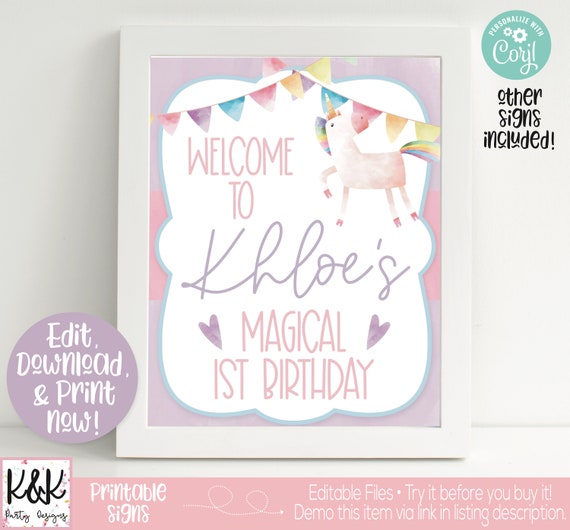 Unicorn Birthday Party Sign, Unicorn Welcome Sign, Unicorn Birthday Party Decorations, Girls 1st Birthday, First Birthday, Unicorn Printable Il_570xn