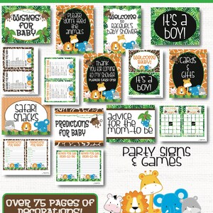 May include: A set of printable jungle safari baby shower decorations featuring a lion, giraffe, elephant, and monkey. The decorations include signs, games, and a welcome banner. The text on the signs includes "Safari Snacks", "Predictions for Baby", "Advice for the Mom-to-be", "Welcome Baby! It's a Boy!" and "Cards & Gifts".
