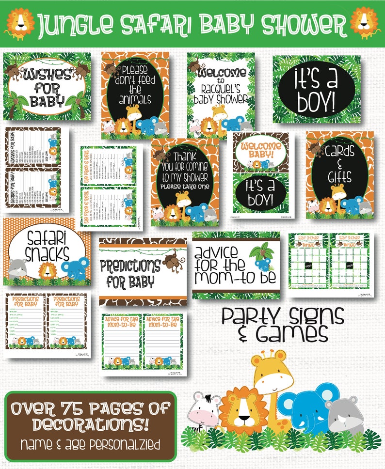May include: A set of printable jungle safari baby shower decorations featuring a lion, giraffe, elephant, and monkey. The decorations include signs, games, and a welcome banner. The text on the signs includes "Safari Snacks", "Predictions for Baby", "Advice for the Mom-to-be", "Welcome Baby! It's a Boy!" and "Cards & Gifts".