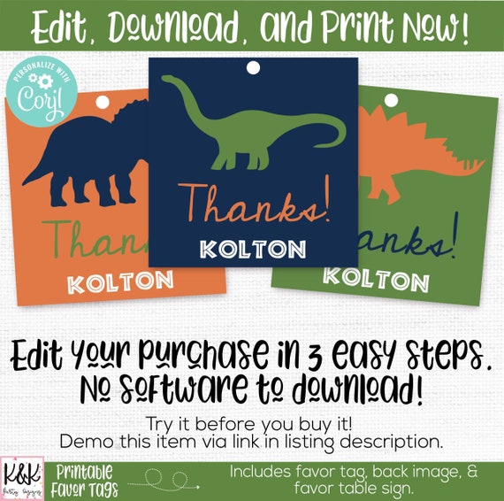 Dinosaur Birthday Party Favor Tags, Dinosaur Favors, Dinosaur Thank You, Dinosaur Favor Label, Dinosaur Birthday Party Decorations, 1st Il_570xn