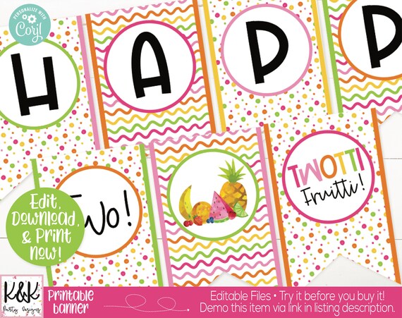 Twotti Fruitti Birthday Banner, Fruit Birthday Party Decorations, Two-tti Fruitti, Tutti Fruitti, Girls 2nd Birthday, Second Birthday Print Il_570xn