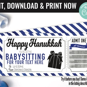 Hanukkah Surprise Babysitting Gift Voucher, Babysitting Gift Printable Template Gift Card, Editable Instant Download Gift Certificate