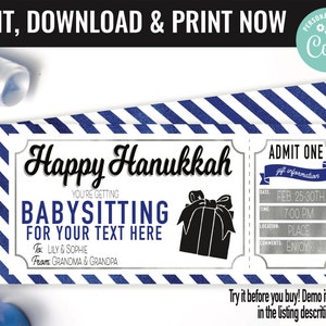 Hanukkah Surprise Babysitting Gift Voucher, Babysitting Gift Printable Template Gift Card, Editable Instant Download Gift Certificate image 1