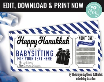 Hanukkah Surprise Babysitting Gift Voucher, Babysitting Gift Printable Template Gift Card, Editable Instant Download Gift Certificate