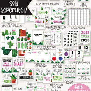 May include: A classroom decor set with a cactus theme. The set includes alphabet cards, table numbers, name tags, calendar, binder covers, student birthday cards, color cards, number cards, classroom jobs, behavior cards, signs, and more. The set is editable and printable.