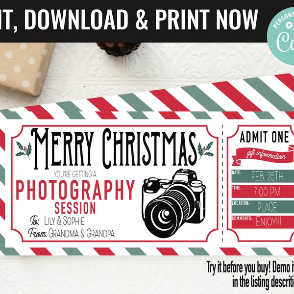 Christmas Surprise Photography Session Gift Voucher, Photography Printable Template Gift Card, Editable Instant Download Gift Certificate