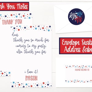 May include: Red, white, and blue thank you notes with a star pattern. The notes say "Thank You" and "Dear" with a handwritten message. The notes are for a party and include the name "Mason". The image also shows envelope seals and address labels with a firework design.