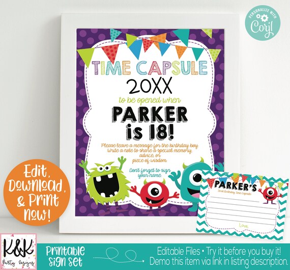 Little Monster Birthday Time Capsule Sign, 1st Birthday Capsule, Monster Time Capsule, Monster Birthday Party Decorations, 1st Birthday Il_570xn
