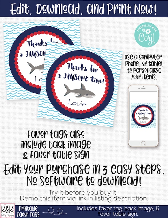 Shark Favor Tags, Shark Birthday Party Decorations, Shark Party Favor, Shark Thank You, Shark 1st Birthday, First Birthday, Editable, Printa Il_570xn