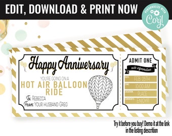 Anniversary Surprise Hot Air Balloon Ride Gift Voucher, Balloon Ride Printable Template Gift Card, Editable Instant Download Gift Certificat