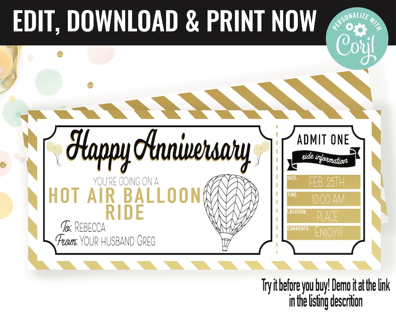 K&ouml;nnte beinhalten: Ein druckbares Ticket mit einem gold-wei&szlig; gestreiften Hintergrund. Das Ticket lautet "Happy Anniversary" und "You're going on a Hot Air Balloon Ride". Das Ticket ist personalisiert mit den Namen "Rebecca" und "Greg".