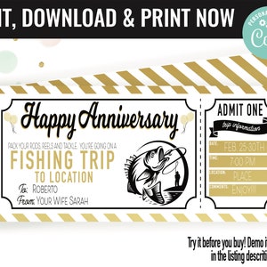 May include: A printable ticket-style card with a gold and white striped background. The card says "Happy Anniversary" and "Fishing Trip to Location". It has a black and white illustration of a fish and a fisherman. The card is personalized with the names "Roberto" and "Sarah".