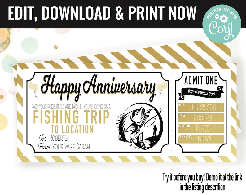 May include: A printable ticket-style card with a gold and white striped background. The card says "Happy Anniversary" and "Fishing Trip to Location". It has a black and white illustration of a fish and a fisherman. The card is personalized with the names "Roberto" and "Sarah".