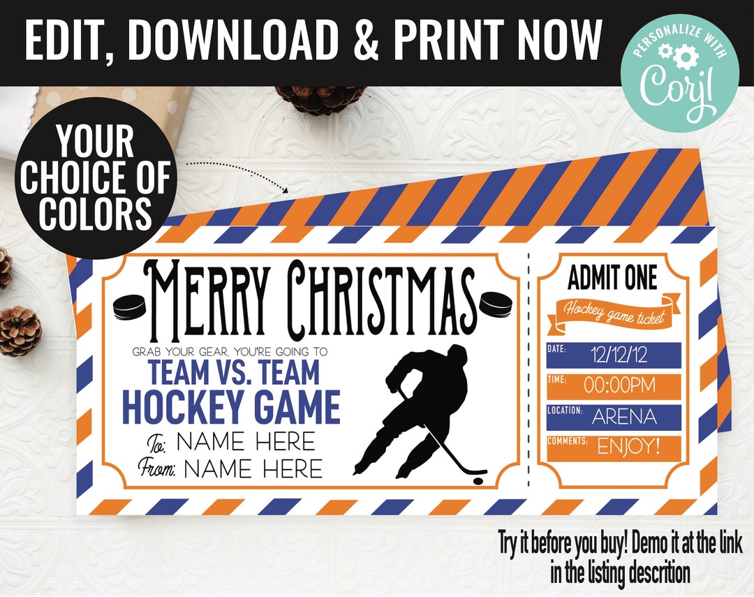 Christmas Hockey Ticket Surprise Gift Voucher, Hockey Game Surprise Printable Template Gift Card ...