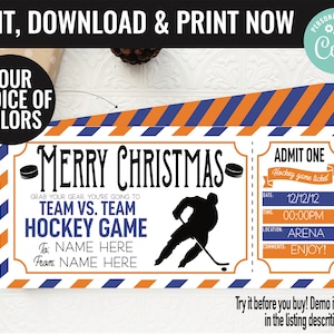 Christmas Hockey Ticket Surprise Gift Voucher, Hockey Game Surprise Printable Template Gift Card, Editable Instant Download Certificate