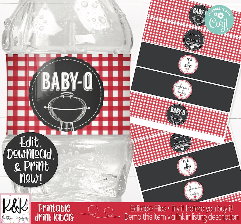 May include: Printable water bottle labels with a red and white gingham pattern. The labels feature a black and white illustration of a grill and the text "Baby-Q".