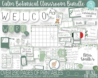 Calm Botanical Classroom Theme Supplies and Decorations Printable, Calm Botanical Farmhouse Classroom Decoration and Teacher Supplies Bundle