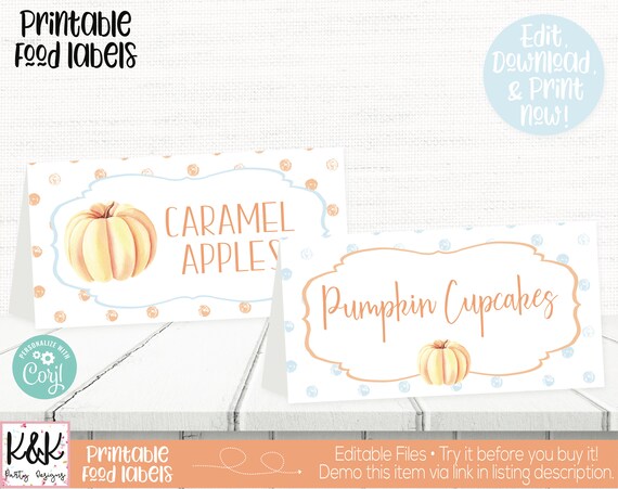 Pumpkin Food Labels, Pumpkin Buffet Cards, Pumpkin Birthday Party Decorations, Our Little Pumpkin, Fall Birthday, Boy First Birthday, Il_570xn