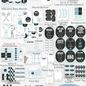 May include: A printable baby shower party package with a barbecue theme. The package includes over 60 pages of decorations in black and blue with a gingham pattern. The decorations include a welcome banner, cupcake wrappers, food labels, favor tags, and more.