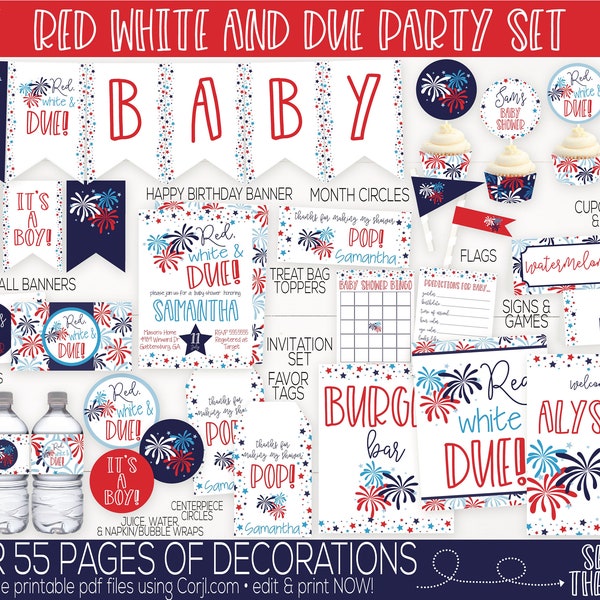 Red White and Due Baby Shower Decorations and Invitation, 4th of July Baby Shower, Baby Q Shower, 4th of July BBQ, Baby Shower Invitation