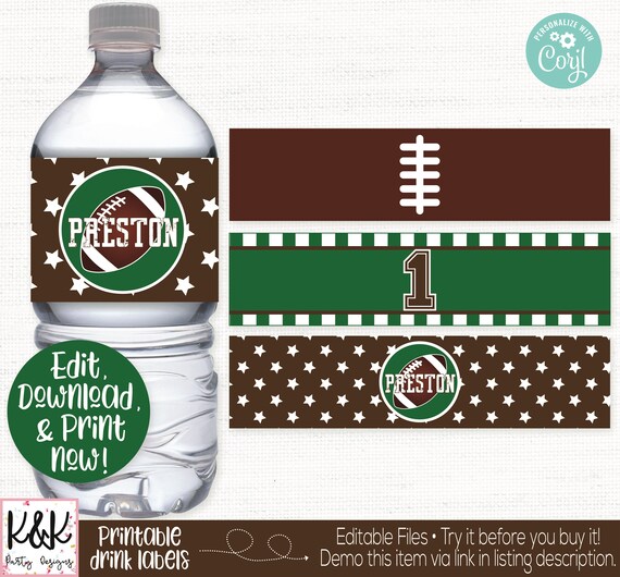 Football Water Labels, Football Drink Label, Football Birthday Party Decorations, Tailgate Party, Sports Party, Football Printable, Editable Il_570xn