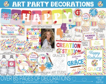 Art Birthday Party Decorations, Paint Birthday Party Decorations, Art Party Printable, Rainbow Party Decorations, Coloring Party, Art Banner
