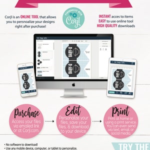 May include: A pink and white graphic showing how to use Corjl, an online tool to personalize designs. The graphic shows a computer and a phone with a design that says "Baby-O". The graphic also includes the text "Purchase", "Edit", and "Print" with descriptions of each step.