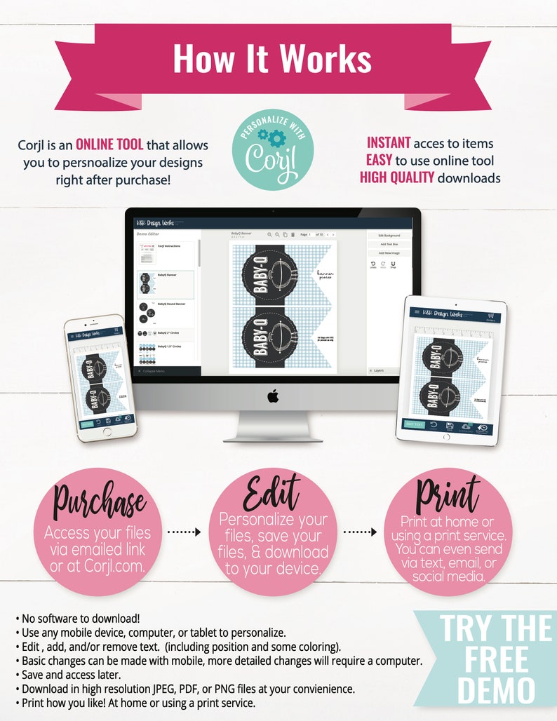 May include: A pink and white graphic showing how to use Corjl, an online tool to personalize designs. The graphic shows a computer and a phone with a design that says "Baby-O". The graphic also includes the text "Purchase", "Edit", and "Print" with descriptions of each step.