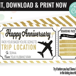 Anniversary Boarding Pass Surprise Gift Voucher, Surprise Flight Trip Printable Template Gift Card, Editable Instant Download Certificate
