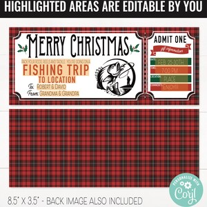 May include: A printable Christmas gift certificate for a fishing trip. The certificate is red and green plaid with a white border. It says "Merry Christmas" and "Fishing Trip" with a picture of a fish and a fisherman. The text says "To: Robert & David" and "From: Grandma & Grandpa". The certificate also has a section for gift information with the date, time, location, and comments.