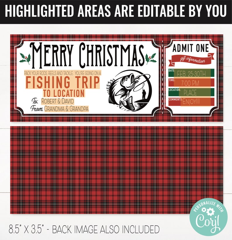 May include: A printable Christmas gift certificate for a fishing trip. The certificate is red and green plaid with a white border. It says "Merry Christmas" and "Fishing Trip" with a picture of a fish and a fisherman. The text says "To: Robert & David" and "From: Grandma & Grandpa". The certificate also has a section for gift information with the date, time, location, and comments.