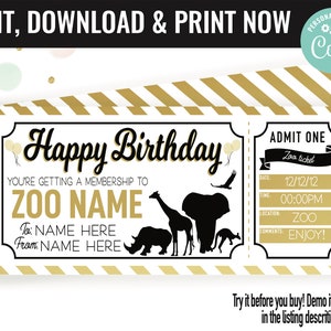 Birthday Present Zoo Membership Surprise Gift Voucher, Zoo Surprise Trip Printable Template Gift Card, Editable Instant Download Certificate