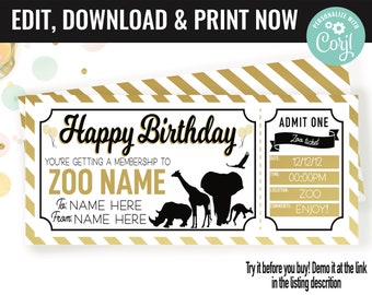 Birthday Present Zoo Membership Surprise Gift Voucher, Zoo Surprise Trip Printable Template Gift Card, Editable Instant Download Certificate