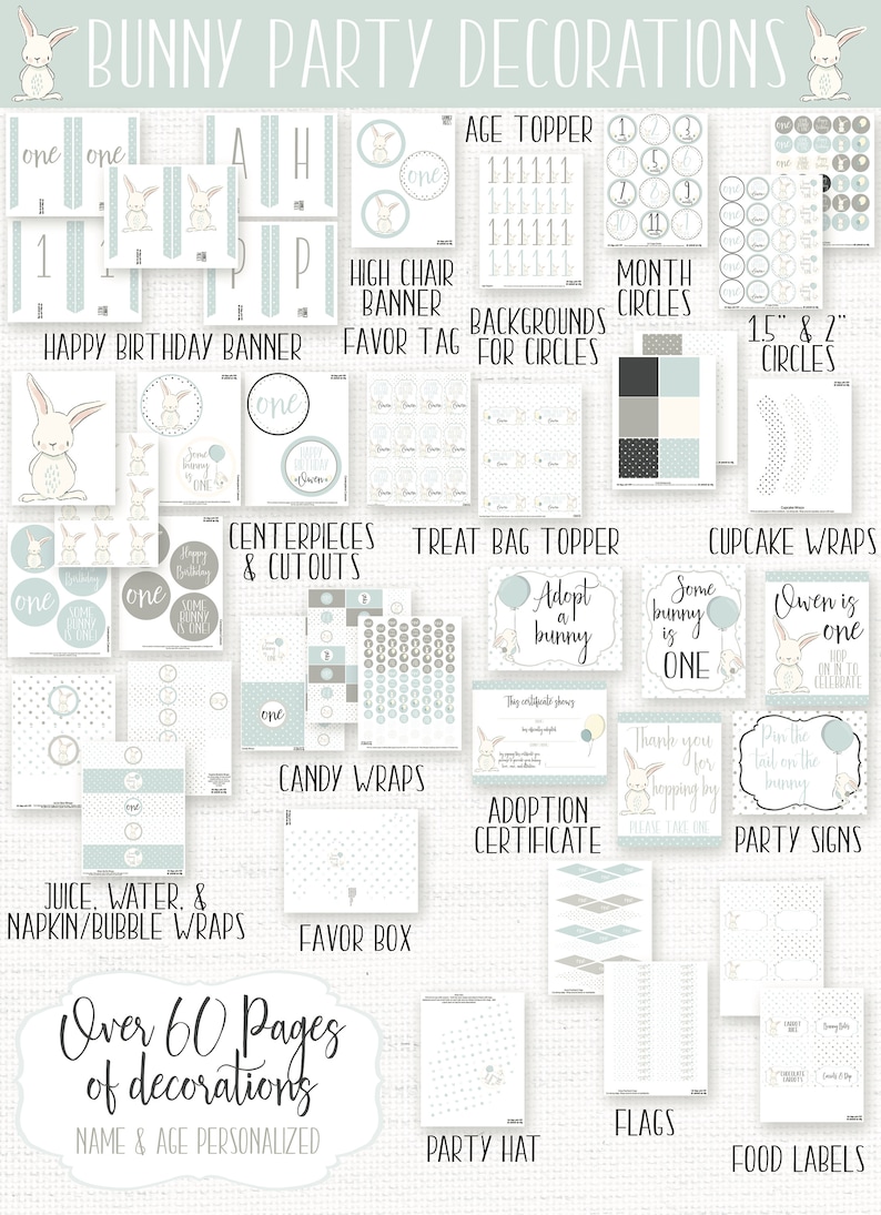 Puede incluir: Un conjunto de decoraciones de fiesta con tem&aacute;tica de conejitos imprimibles en azul y gris. El conjunto incluye una pancarta de feliz cumplea&ntilde;os, envoltorios para cupcakes, adornos para bolsas de golosinas, etiquetas de regalo y mucho m&aacute;s. El texto "Over 60 Pages of decorations" est&aacute; impreso en la imagen.