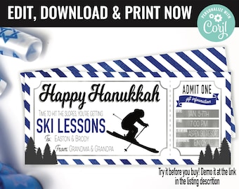 Hanukkah Ski Lessons Ticket Surprise Gift Voucher, Ski Lift Lesson Printable Template Gift Card, Editable Instant Download Gift Certificate
