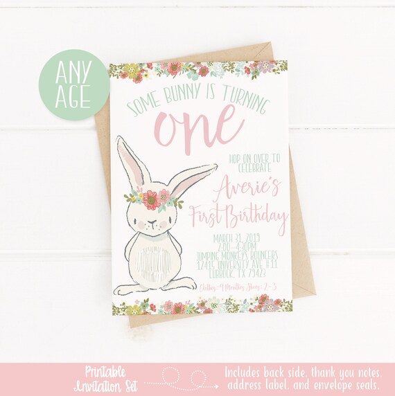 Bunny Birthday Party Invitation, Some Bunny is One, Spring Birthday, First Birthday Girl, Shabby Chic, Girls 1st Birthday, Easter Birthday Il_570xn