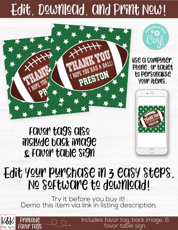Football Favor Tags, Football Party Favors, Football Thank You, Football Birthday Party Decorations, Tailgate Party, Sports Party, Printable Il_570xn