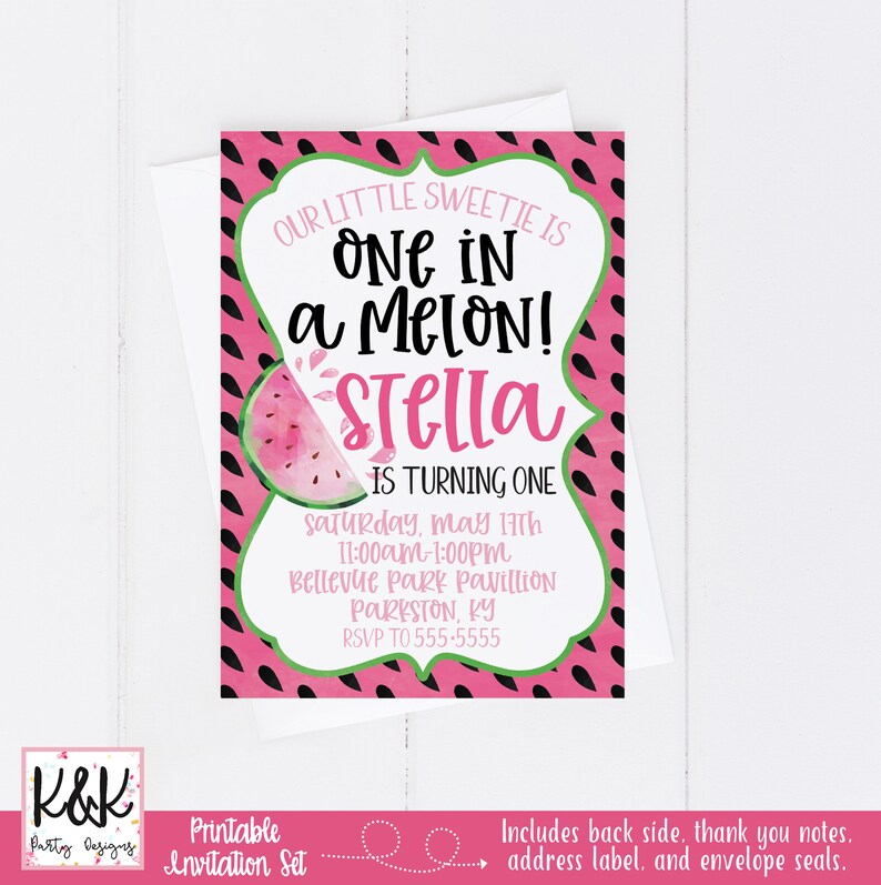 May include: Printable invitation set for a first birthday party with a watermelon theme. The invitation features a pink and green watermelon with the text "Our little sweetie is one in a melon! Stella is turning one".