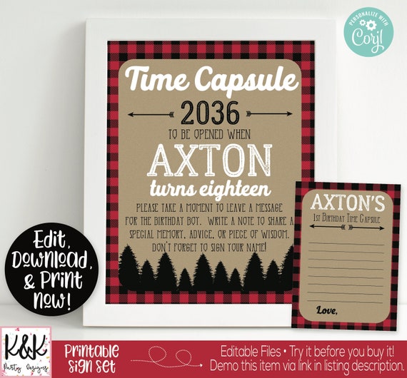 Lumberjack Time Capsule Sign, 1st Birthday Capsule, Lumberjack Birthday Party Decorations, Boys 1st Birthday, First Birthday, Buffalo Plaid Il_570xn