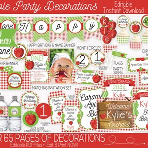 K&ouml;nnte beinhalten: Ein Set druckbarer Partydekorationen f&uuml;r eine erste Geburtstagsparty mit Apfel-Thema. Die Dekorationen beinhalten Banner, Cupcake-Verpackungen, Lebensmitteletiketten und mehr. Die Farben sind Rot, Gr&uuml;n und Wei&szlig;. Der Text auf den Dekorationen lautet "Happy Birthday Kylie" und "One! Kylie's First Birthday".