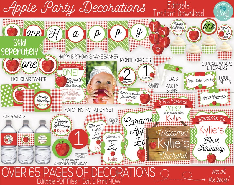 K&ouml;nnte beinhalten: Ein Set druckbarer Partydekorationen f&uuml;r eine erste Geburtstagsparty mit Apfel-Thema. Die Dekorationen beinhalten Banner, Cupcake-Verpackungen, Lebensmitteletiketten und mehr. Die Farben sind Rot, Gr&uuml;n und Wei&szlig;. Der Text auf den Dekorationen lautet "Happy Birthday Kylie" und "One! Kylie's First Birthday".