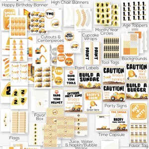 May include: A construction-themed party set with various printable elements. Includes a happy birthday banner, cupcake toppers, cutouts, paint labels, party signs, and more. Features yellow and orange colors with construction vehicle graphics. Text includes "Happy Birthday" and "Edit, Download & Print now!"