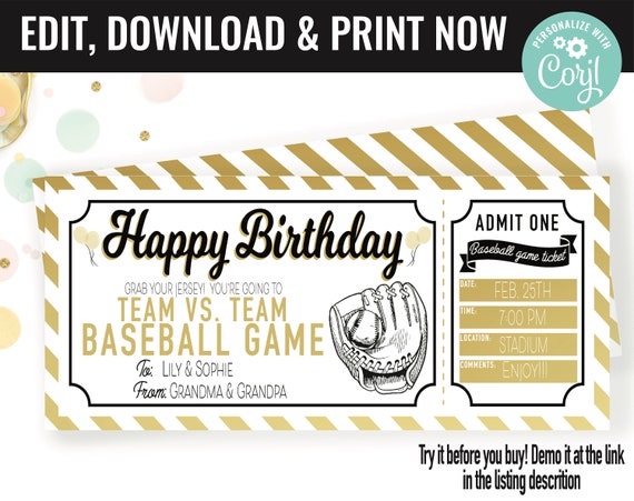 Birthday Present Baseball Ticket Surprise Gift Voucher, Baseball Game Surprise Printable Gift Card Editable Instant Download Certificate Il_570xn