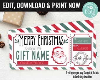 Christmas Surprise Santa Ticket Gift Voucher, Surprise Santa Gift Printable Template Gift Card, Editable Instant Download Gift Certificate