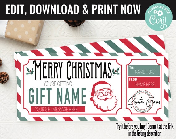 Christmas Surprise Santa Ticket Gift Voucher, Surprise Santa Gift Printable Template Gift Card, Editable Instant Download Gift Certificate Il_570xn