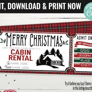 Christmas Surprise Cabin Rental Trip Gift Voucher, Cabin Rent Trip Printable Template Gift Card, Editable Instant Download Gift Certificate