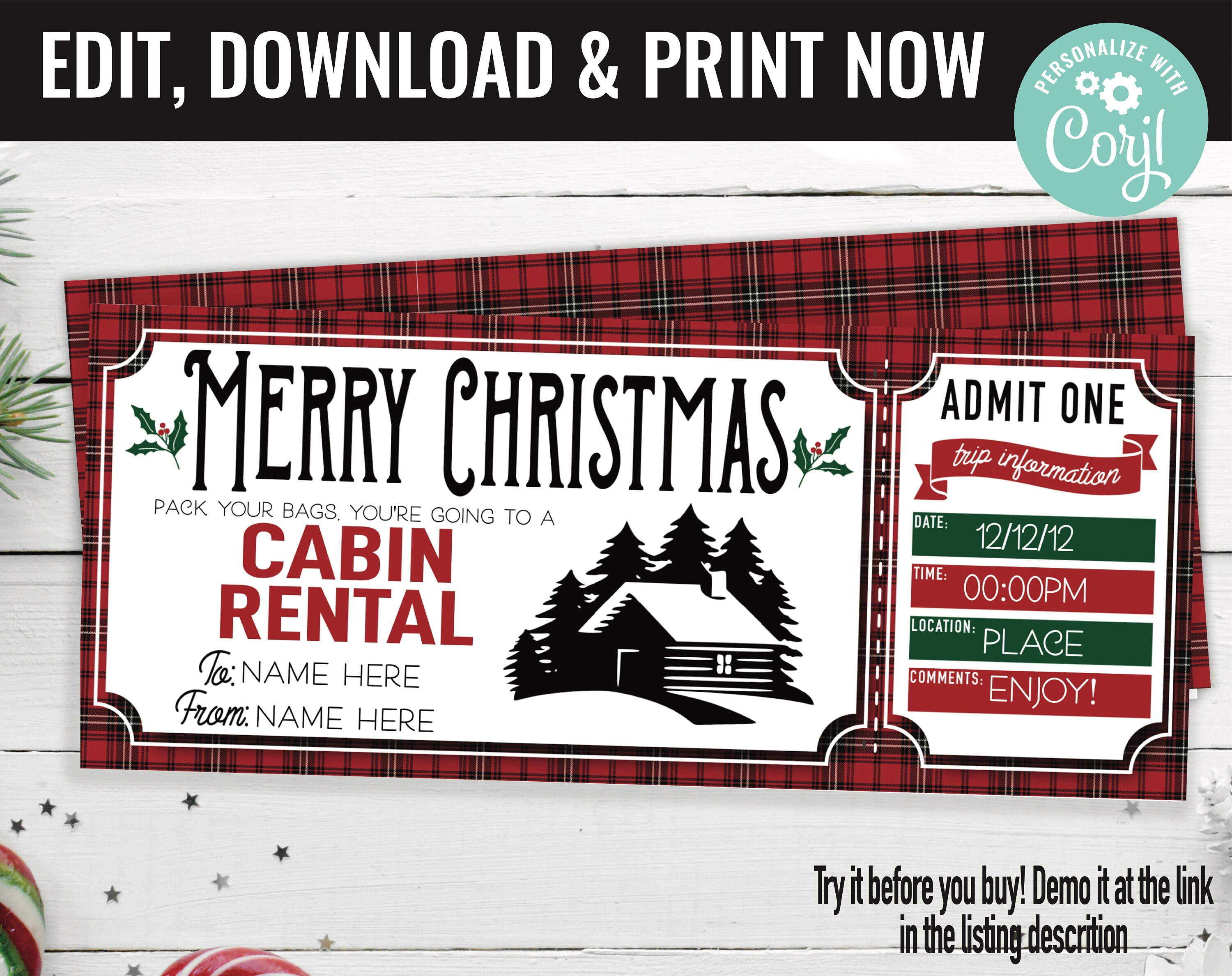 Christmas Surprise Cabin Rental Trip Gift Voucher, Cabin Rent Trip Printable Template Gift Card, Editable Instant Download Gift Certificate